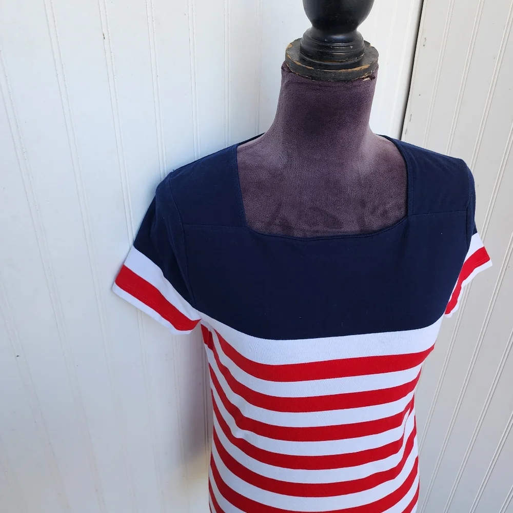 Chaps Classics Navy White Red Stripe Square Neck Short Sleeve T Shirt Nautical M - Picture 2 of 10